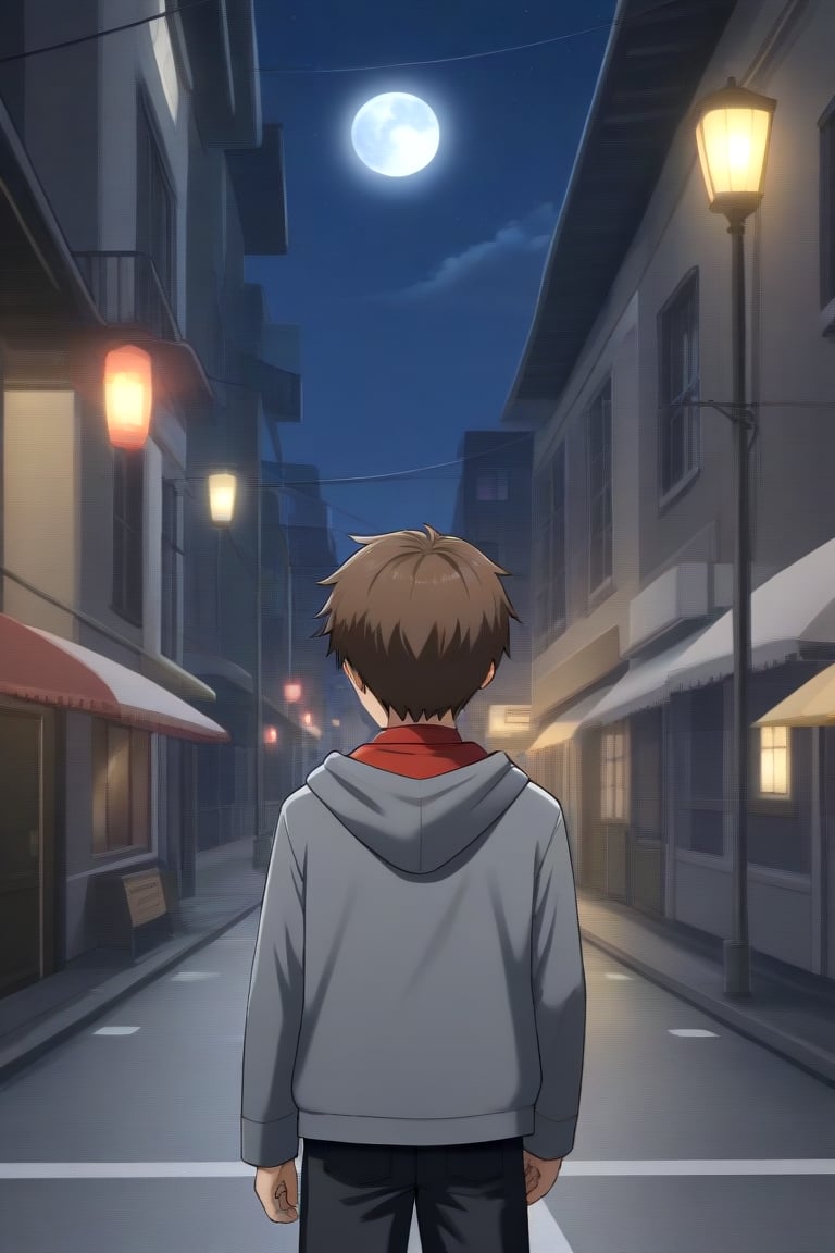 HD, 8k, highres, mantialiasing, Highly detailed, High Quality, masterpiece, beautiful, source_anime, 
BREAK 1boy, solo, (young man, male focus, 16 years old), Uzuki Li, male chest, ((faceless)), Brown hair, short hair, shirt, 
BREAK street, outdoors, night, moon,
BREAK long sleeves, jacket, pants, hood, grey jacket, black pants, 
BREAK standing, dutch angle, one arm on the waist, cowboy shot, Upper body, back view, head up, From behind,