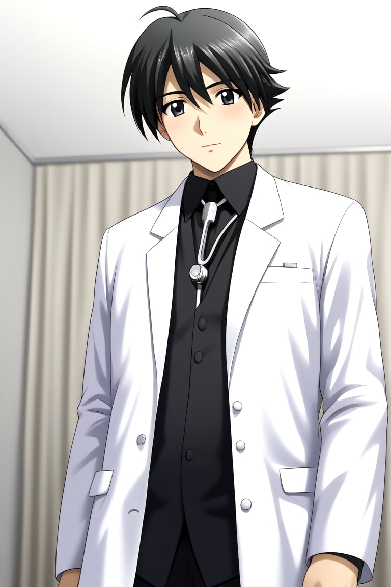 HD, 8k, highres, mantialiasing, Highly detailed, High Quality, masterpiece, beautiful, source_anime, 
BREAK 1boy, male focus, mature man, 30 years old, itou makoto, black hair, black eyes, short hair, 
BREAK Black shirt, doctor uniform, white coat, stethoscope
BREAK inside a hospital,
BREAK front view, standing, focus below, solo focus, looking_at_viewer