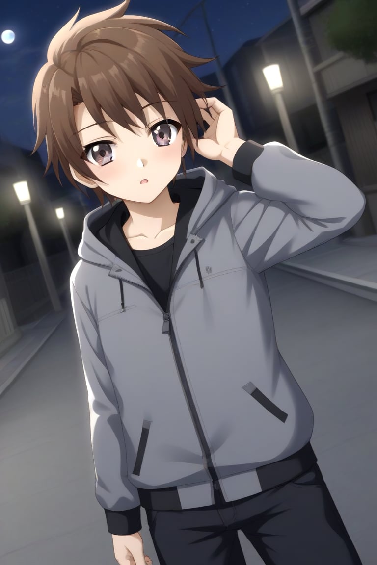 HD, 8k, highres, mantialiasing, Highly detailed, High Quality, masterpiece, beautiful, source_anime, 
BREAK 1boy, solo, (young man, male focus, 16 years old), Yae Karonji, male chest, grey eyes, Brown hair, short hair, 
BREAK street, outdoors, night, moon, 
BREAK long sleeves, jacket, pants, hood, grey jacket, black pants, 
BREAK standing, dutch angle, one arm on the waist, cowboy shot, Upper body, front view, head up, From behind, looking at the viewer,