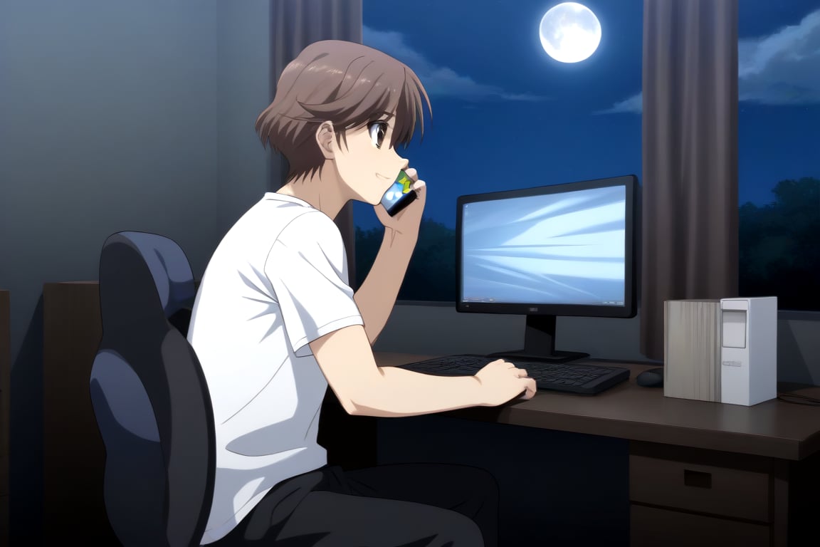 HD, 8k, highres, mantialiasing, Highly detailed, High Quality, masterpiece, beautiful, source_anime, 
BREAK inside the bedroom, desktop computer, table, curtain, Windows, night, dark environment, moon,
BREAK  1boy, solo, male focus, 16 years old, yuuki ashikaga, brown hair, brown eyes, short hair,   
BREAK pants, white T-shirt,
BREAK looking SIDE, sitting on the chair, solo focus, From SIDE, nervous face, ((talking on phone )), boy looking at his computer,