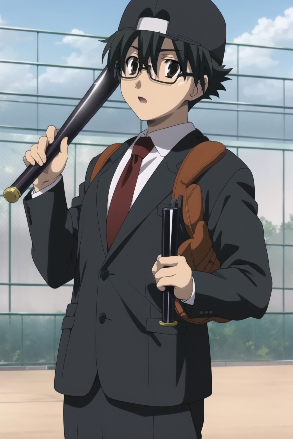 Highly detailed, High Quality, Masterpiece, beautiful,
BREAK 1boy, solo, (young man), (16 old), Makot, black hair, (black eyes:1.5), short hair,
BREAK school uniform, necktie, formal, suit, brown backpack on the back, (backwards cap), (glasses, baseball cap:1.5),  (samurai sword:1.2), black cap,
BREAK looking_at_viewer :o, open_mouth, schooldays, ,backwards cap