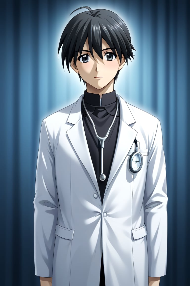 HD, 8k, highres, mantialiasing, Highly detailed, High Quality, masterpiece, beautiful, source_anime, 
BREAK 1boy, male focus, mature man, 30 years old, itou makoto, black hair, black eyes, short hair, 
BREAK Black shirt, doctor uniform, white coat, stethoscope
BREAK inside hospital, night, dark environment,
BREAK front view, standing, focus waist, solo focus,