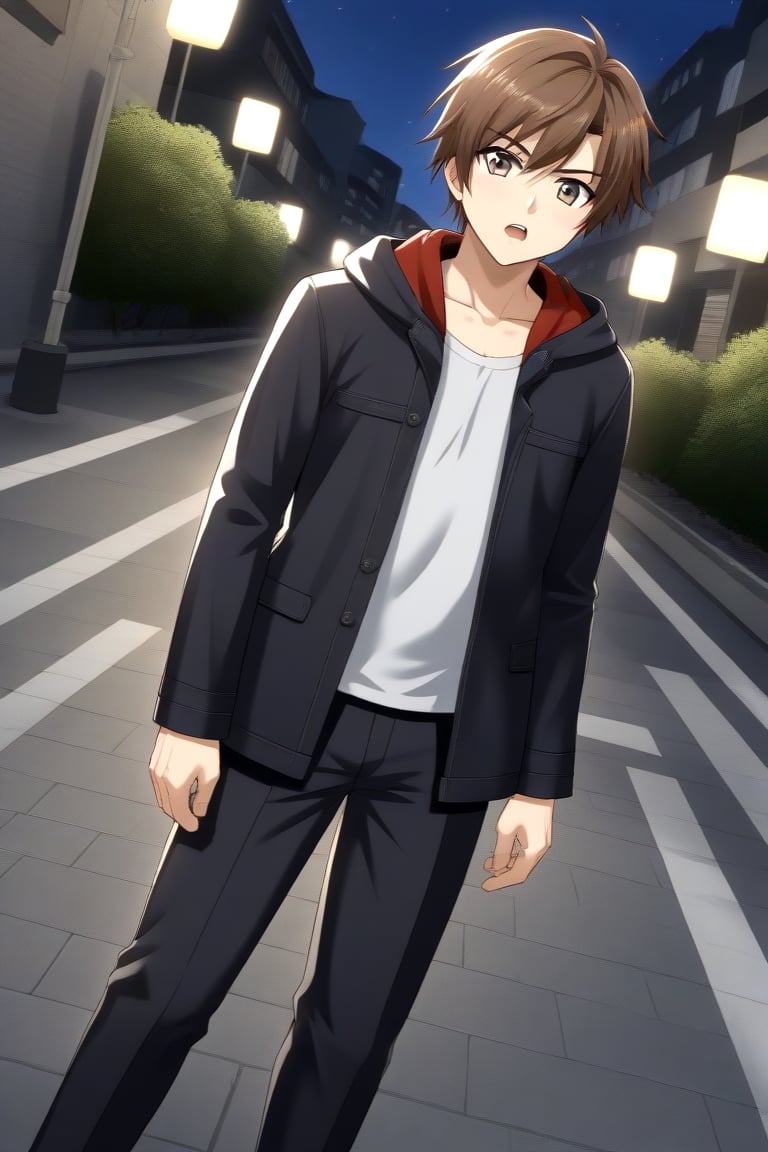 HD, 8k, highres, mantialiasing, Highly detailed, High Quality, masterpiece, beautiful, source_anime, 
BREAK 1boy, solo, (young man, male focus, 16 years old), (Yae Karonji:1.5), long hair, male chest, grey eyes, Brown hair, short hair, shirt, 
BREAK street, outdoors, night, 
BREAK long sleeves, jacket, full body, l  pants, hood, black jacket, black pants, 
BREAK standing, dutch angle, looking_at_viewer, serious, Open mouth, one arm on the waist, cowboy shot, Upper body 
