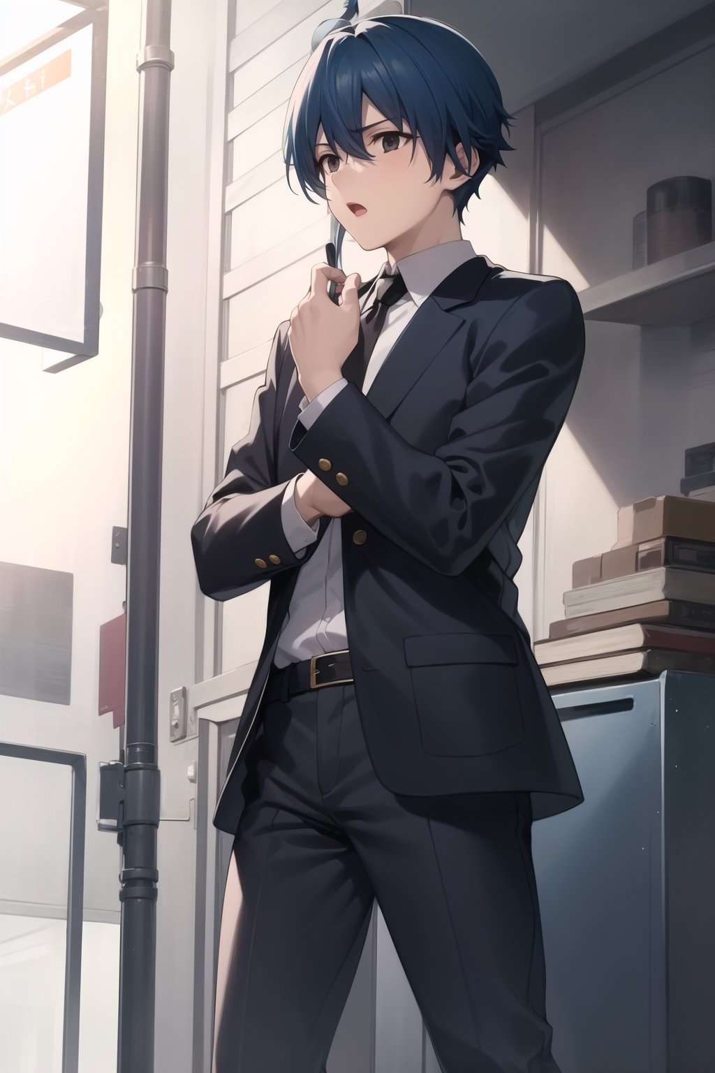 Highly detailed, High Quality, Masterpiece, beautiful,
BREAK 1boy, solo, (young man), (16 old), makoto itou, (blue hair:1.8), (black eyes), (short hair), male focus, serious look,
BREAK (black suit),
BREAK looking_at_viewer :o, open_mouth, schooldays, focus waist,