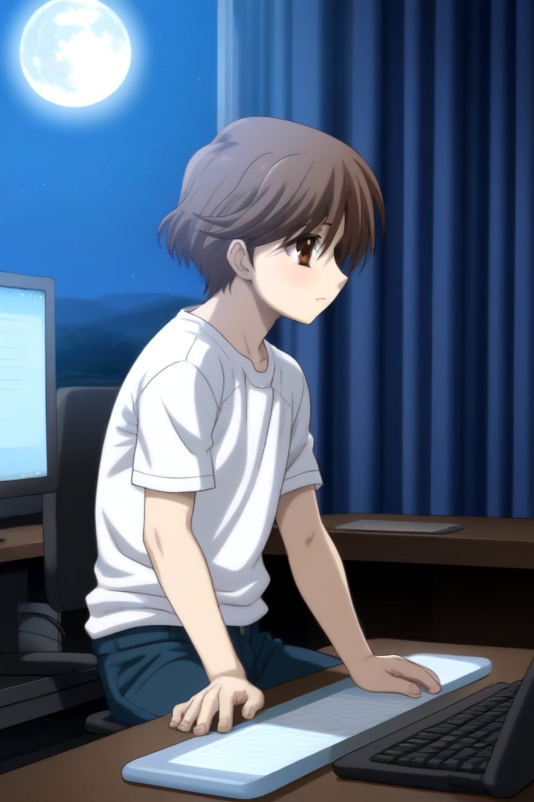 HD, 8k, highres, mantialiasing, Highly detailed, High Quality, masterpiece, beautiful, source_anime, 
BREAK inside the bedroom, desktop computer, table, curtain, Windows, night, dark environment, moon,
BREAK  1boy, solo, male focus, 16 years old, yuuki ashikaga, brown hair, brown eyes, short hair,   
BREAK pants, white T-shirt,
BREAK looking SIDE, sitting on the chair, solo focus, From SIDE,