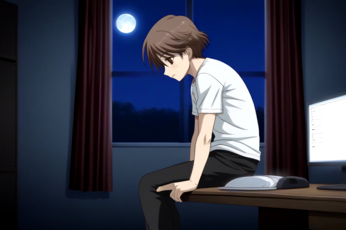 HD, 8k, highres, mantialiasing, Highly detailed, High Quality, masterpiece, beautiful, source_anime, 
BREAK inside the bedroom, desktop computer, table, curtain, Windows, night, dark environment, moon,
BREAK  1boy, solo, male focus, 16 years old, yuuki ashikaga, brown hair, brown eyes, short hair,   
BREAK pants, white T-shirt,
BREAK looking SIDE, sitting on the chair, solo focus, From SIDE,