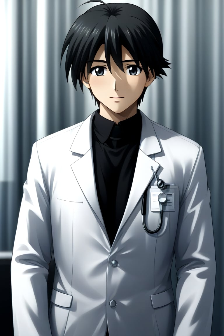 HD, 8k, highres, mantialiasing, Highly detailed, High Quality, masterpiece, beautiful, source_anime, 
BREAK 1boy, male focus, mature man, 30 years old, itou makoto, black hair, black eyes, short hair, 
BREAK Black shirt, doctor uniform, white coat, stethoscope
BREAK inside a hospital,
BREAK front view, standing, focus waist, solo focus,