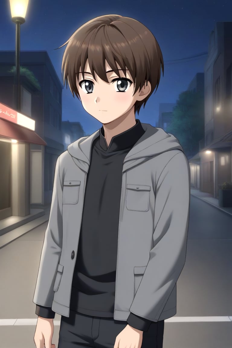 HD, 8k, highres, mantialiasing, Highly detailed, High Quality, masterpiece, beautiful, source_anime, 
BREAK 1boy, solo, (young man, male focus, 16 years old), Uzuki Li, male chest, grey eyes, Brown hair, short hair, shirt, 
BREAK street, outdoors, night, moon,
BREAK long sleeves, jacket, pants, hood, grey jacket, black pants, 
BREAK standing, dutch angle, one arm on the waist, cowboy shot, Upper body, back view, head up, From behind, looking back,