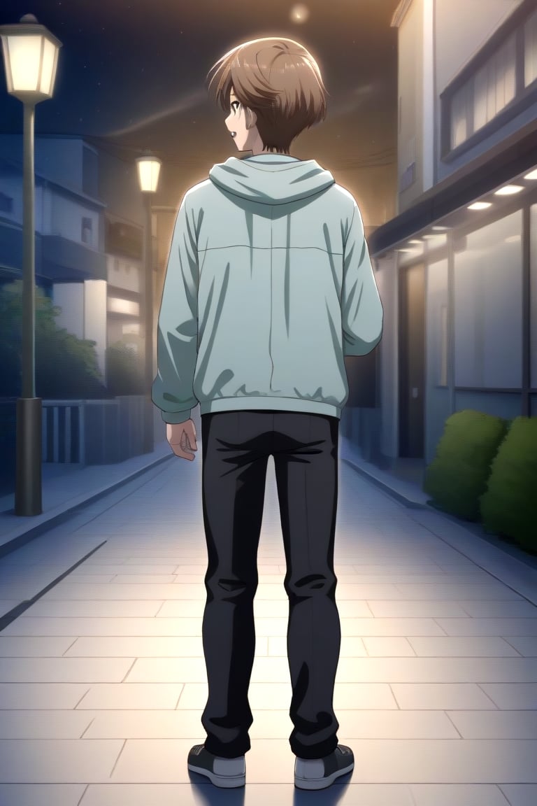 HD, 8k, highres, mantialiasing, Highly detailed, High Quality, masterpiece, beautiful, source_anime, 
BREAK 1boy, solo, (young man, male focus, 16 years old), yuuki ashikaga, male chest, ((faceless)), Brown hair, short hair, shirt, 
BREAK street, outdoors, night, moon,
BREAK long sleeves, jacket, full body, pants, hood, grey jacket, black pants, 
BREAK standing, dutch angle, looking_at_viewer, Open mouth, one arm on the waist, cowboy shot, Upper body, back view, head up, From behind,