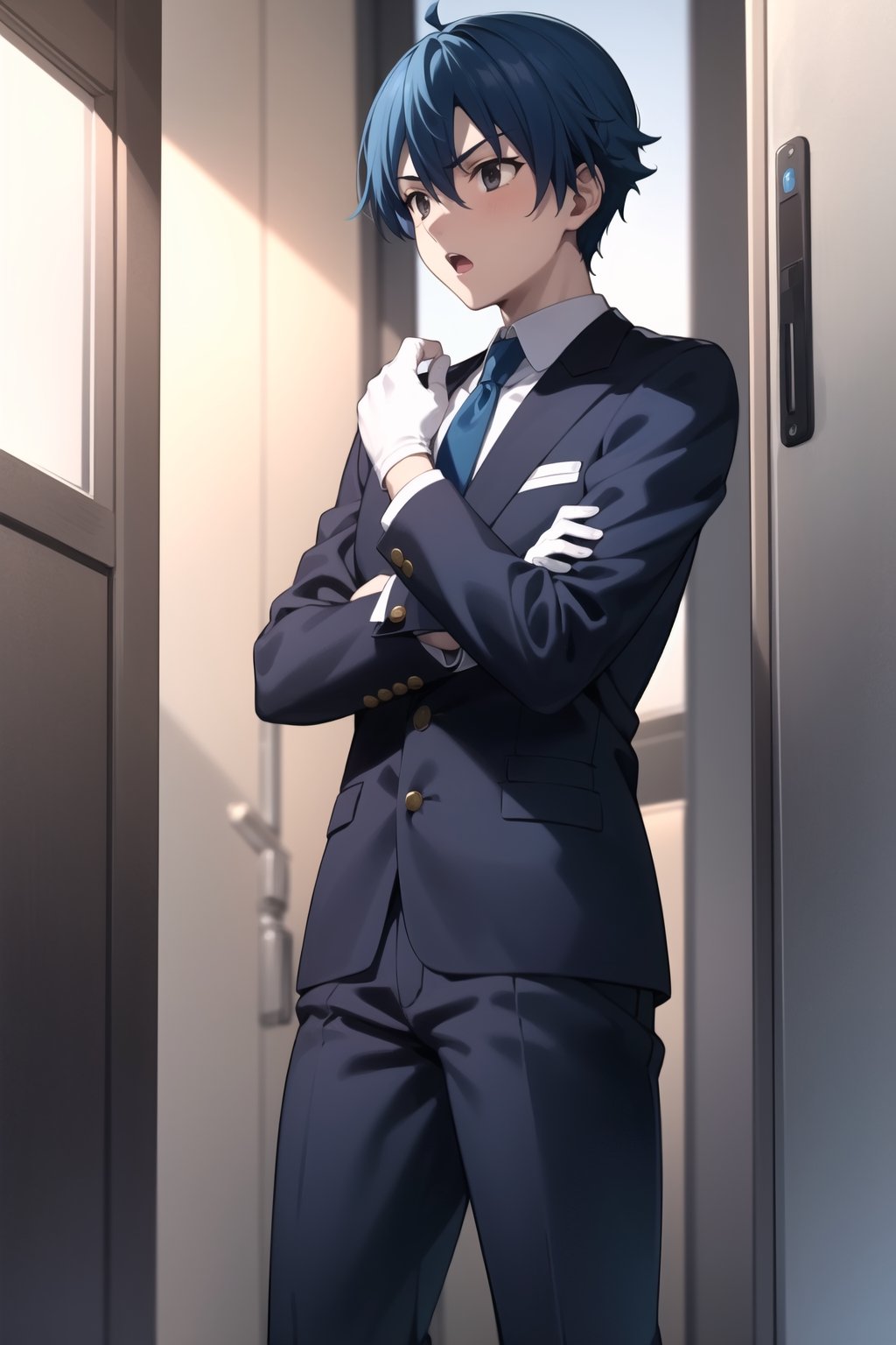 Highly detailed, High Quality, Masterpiece, beautiful,
BREAK 1boy, solo, (young man), (16 old), makoto itou, (blue hair:1.8), (black eyes), (short hair), male focus, serious look,
BREAK (black suit), gloves, Black pants,
BREAK looking_at_viewer :o, open_mouth, schooldays, focus waist,