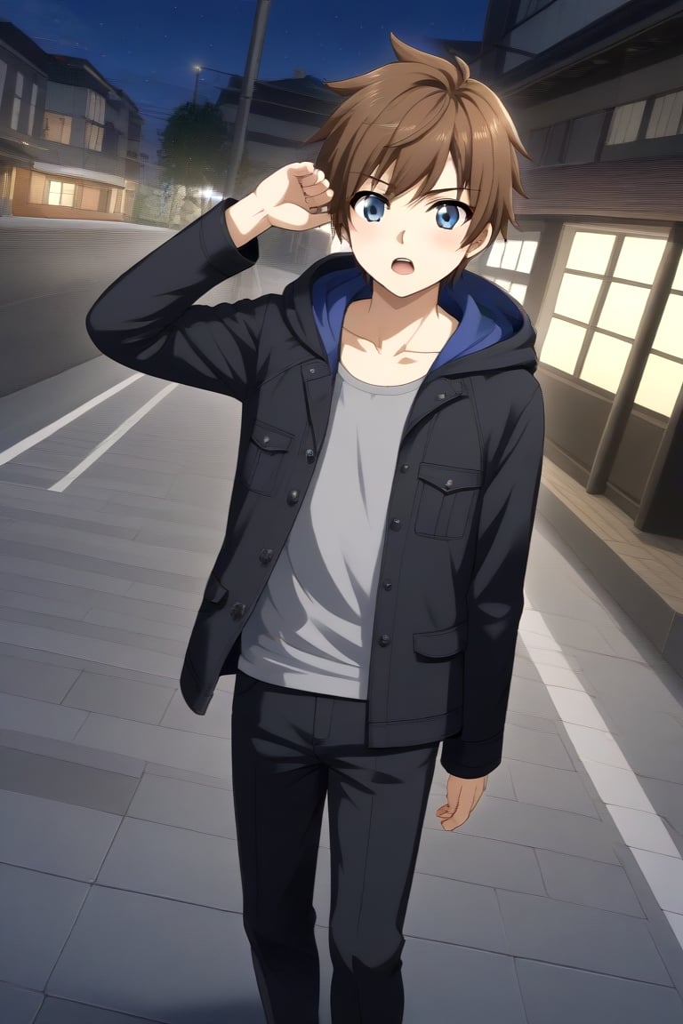 HD, 8k, highres, mantialiasing, Highly detailed, High Quality, masterpiece, beautiful, source_anime, 
BREAK 1boy, solo, (young man, male focus, 16 years old), (Yae Karonji:1.5), long hair, male chest, grey eyes, Brown hair, short hair, shirt, 
BREAK street, outdoors, night, 
BREAK long sleeves, jacket, full body, l  pants, hood, black jacket, black pants, 
BREAK standing, dutch angle, looking_at_viewer, serious, Open mouth, one arm on the waist, cowboy shot, Upper body 
