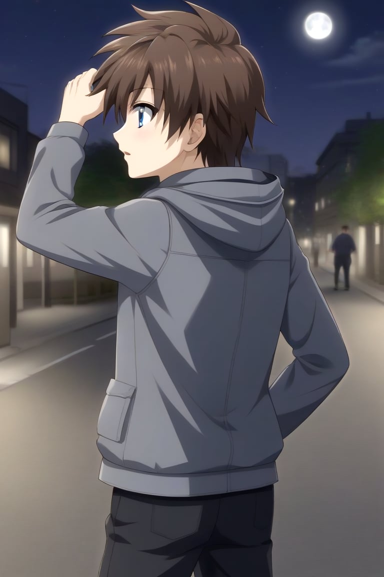 HD, 8k, highres, mantialiasing, Highly detailed, High Quality, masterpiece, beautiful, source_anime, 
BREAK 1boy, solo, (young man, male focus, 16 years old), Yae Karonji, male chest, grey eyes, Brown hair, short hair, shirt, 
BREAK street, outdoors, night, moon, 
BREAK long sleeves, jacket, pants, hood, grey jacket, black pants, 
BREAK standing, dutch angle, one arm on the waist, cowboy shot, Upper body, back view, head up, From behind, looking back,