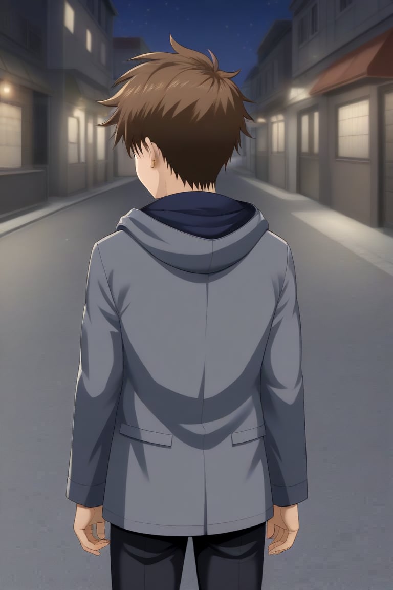 HD, 8k, highres, mantialiasing, Highly detailed, High Quality, masterpiece, beautiful, source_anime, 
BREAK 1boy, solo, (young man, male focus, 16 years old), Yae Karonji, male chest, ((face out of frame)), Brown hair, short hair, 
BREAK street, outdoors, night, moon, 
BREAK long sleeves, jacket, pants, hood, grey jacket, black pants, 
BREAK standing, dutch angle, cowboy shot, Upper body, back view, From behind, looking at the viewer, 