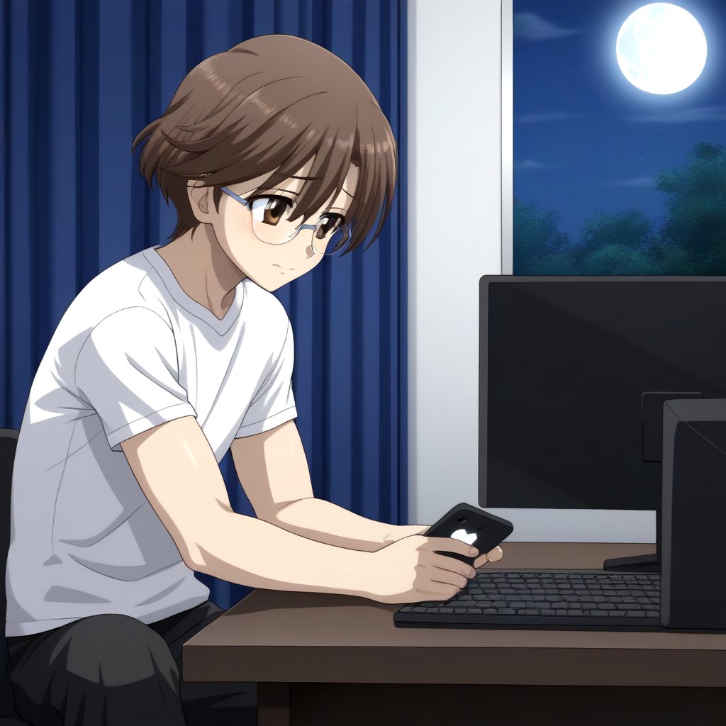 HD, 8k, highres, mantialiasing, Highly detailed, High Quality, masterpiece, beautiful, source_anime, 
BREAK inside the bedroom, desktop computer, table, curtain, Windows, night, dark environment, moon,
BREAK  1boy, solo, male focus, 16 years old, yuuki ashikaga, brown hair, brown eyes, short hair, glasses,
BREAK pants, white T-shirt,
BREAK looking SIDE, sitting on the chair, solo focus, From SIDE, nervous face, ((talking on phone :1.2)), boy looking at his computer,