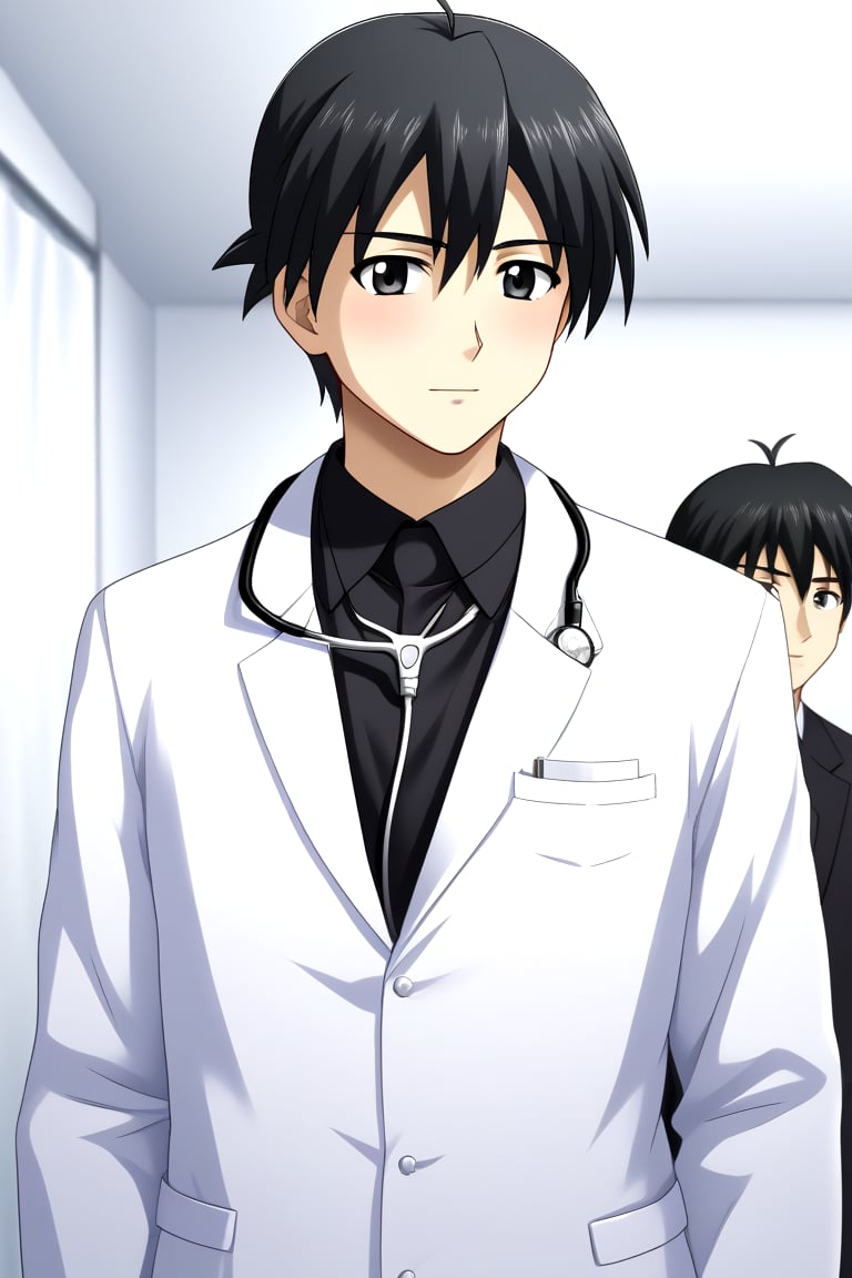 HD, 8k, highres, mantialiasing, Highly detailed, High Quality, masterpiece, beautiful, source_anime, 
BREAK 1boy, male focus, mature man, 30 years old, itou makoto, black hair, black eyes, short hair, 
BREAK Black shirt, doctor uniform, white coat, stethoscope
BREAK inside a hospital,
BREAK front view, standing, focus waist, solo focus,