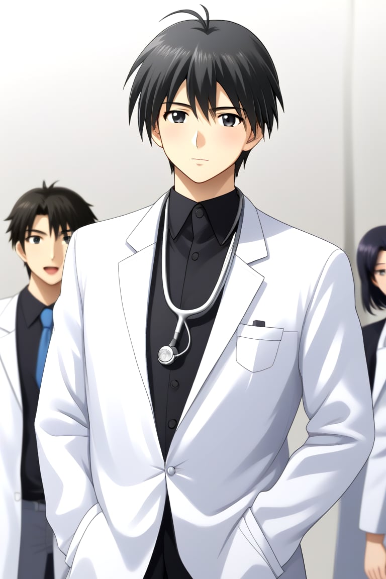 HD, 8k, highres, mantialiasing, Highly detailed, High Quality, masterpiece, beautiful, source_anime, 
BREAK 1boy, male focus, mature man, 30 years old, itou makoto, black hair, black eyes, short hair, 
BREAK Black shirt, doctor uniform, white coat, stethoscope
BREAK inside a hospital,
BREAK front view, standing, focus waist, solo focus, looking_at_viewer