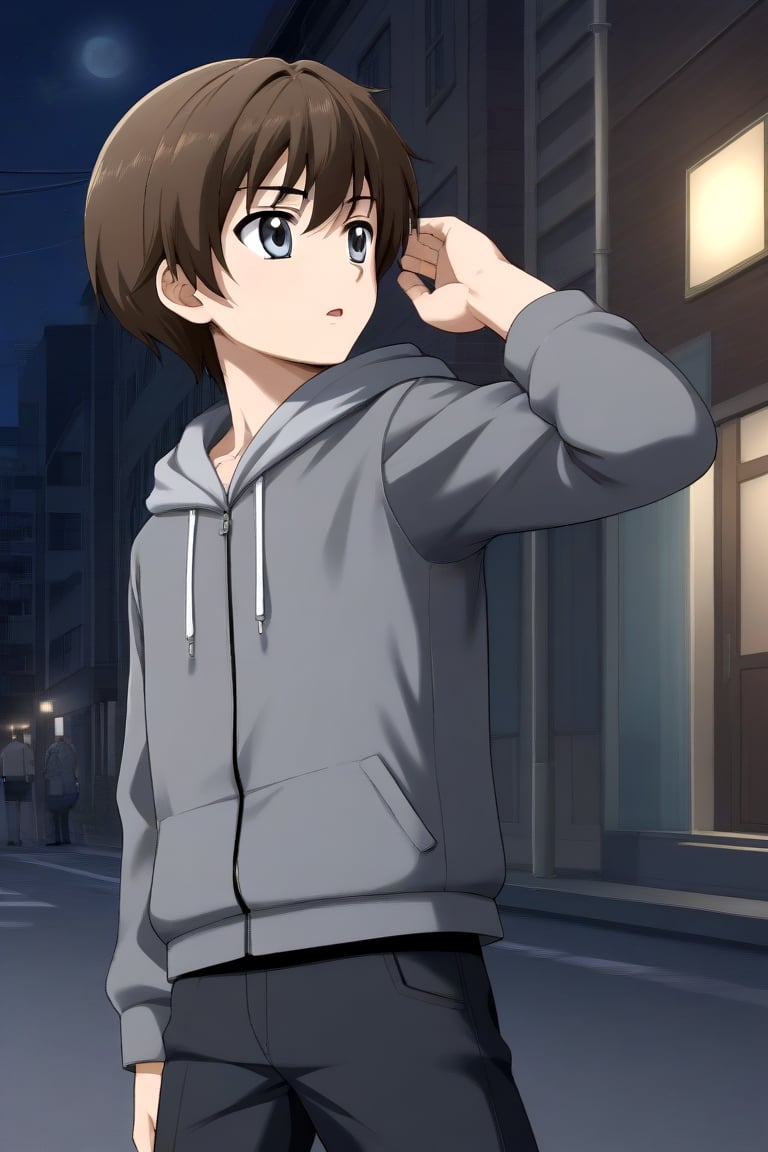 HD, 8k, highres, mantialiasing, Highly detailed, High Quality, masterpiece, beautiful, source_anime, 
BREAK 1boy, solo, (young man, male focus, 16 years old), Uzuki Li, male chest, grey eyes, Brown hair, short hair, shirt, 
BREAK street, outdoors, night, moon,
BREAK long sleeves, jacket, pants, hood, grey jacket, black pants, 
BREAK standing, dutch angle, one arm on the waist, cowboy shot, Upper body, back view, head up, From behind, looking back,