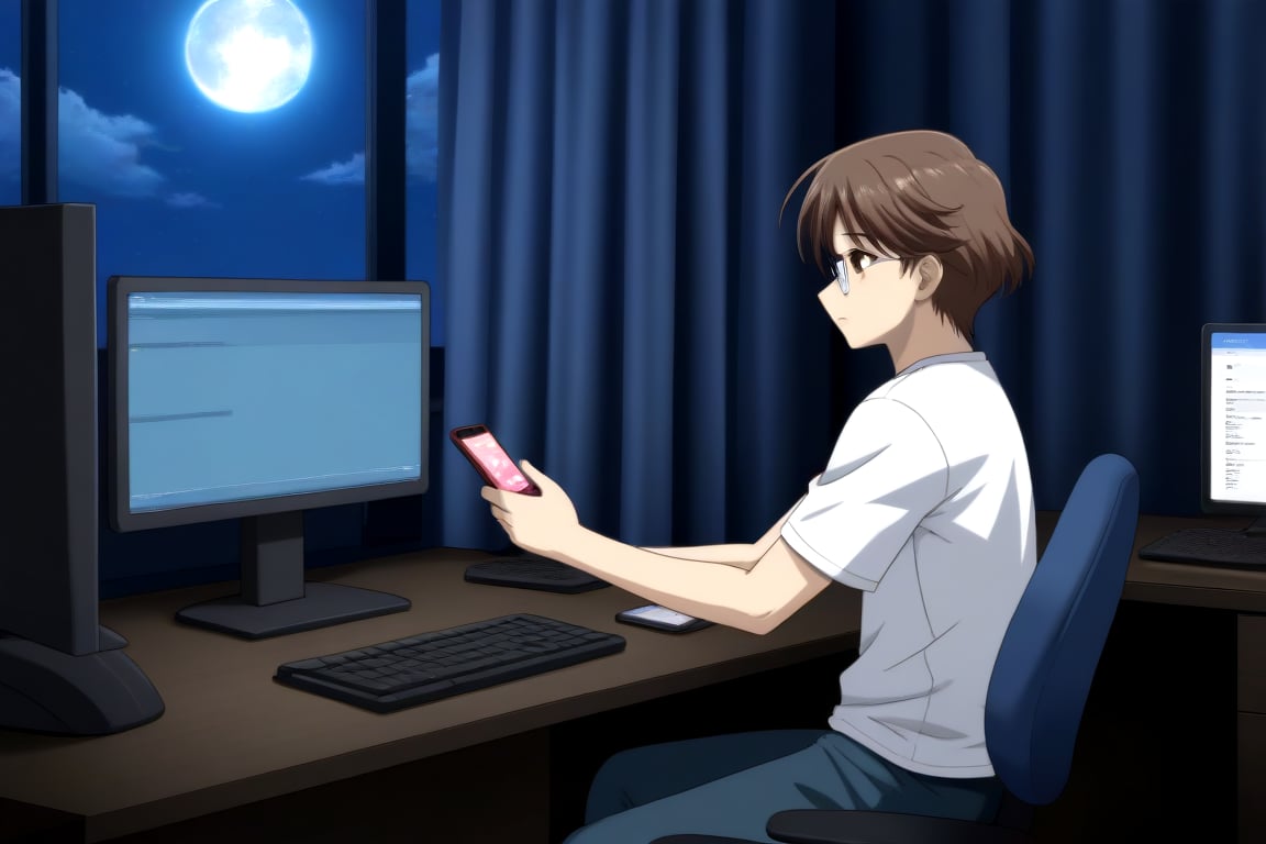 HD, 8k, highres, mantialiasing, Highly detailed, High Quality, masterpiece, beautiful, source_anime, 
BREAK inside the bedroom, desktop computer, table, curtain, Windows, night, dark environment, moon,
BREAK  1boy, solo, male focus, 16 years old, yuuki ashikaga, brown hair, brown eyes, short hair, glasses,
BREAK pants, white T-shirt,
BREAK looking SIDE, sitting on the chair, solo focus, From SIDE, nervous face, ((talking on phone :1.2)), boy looking at his computer,