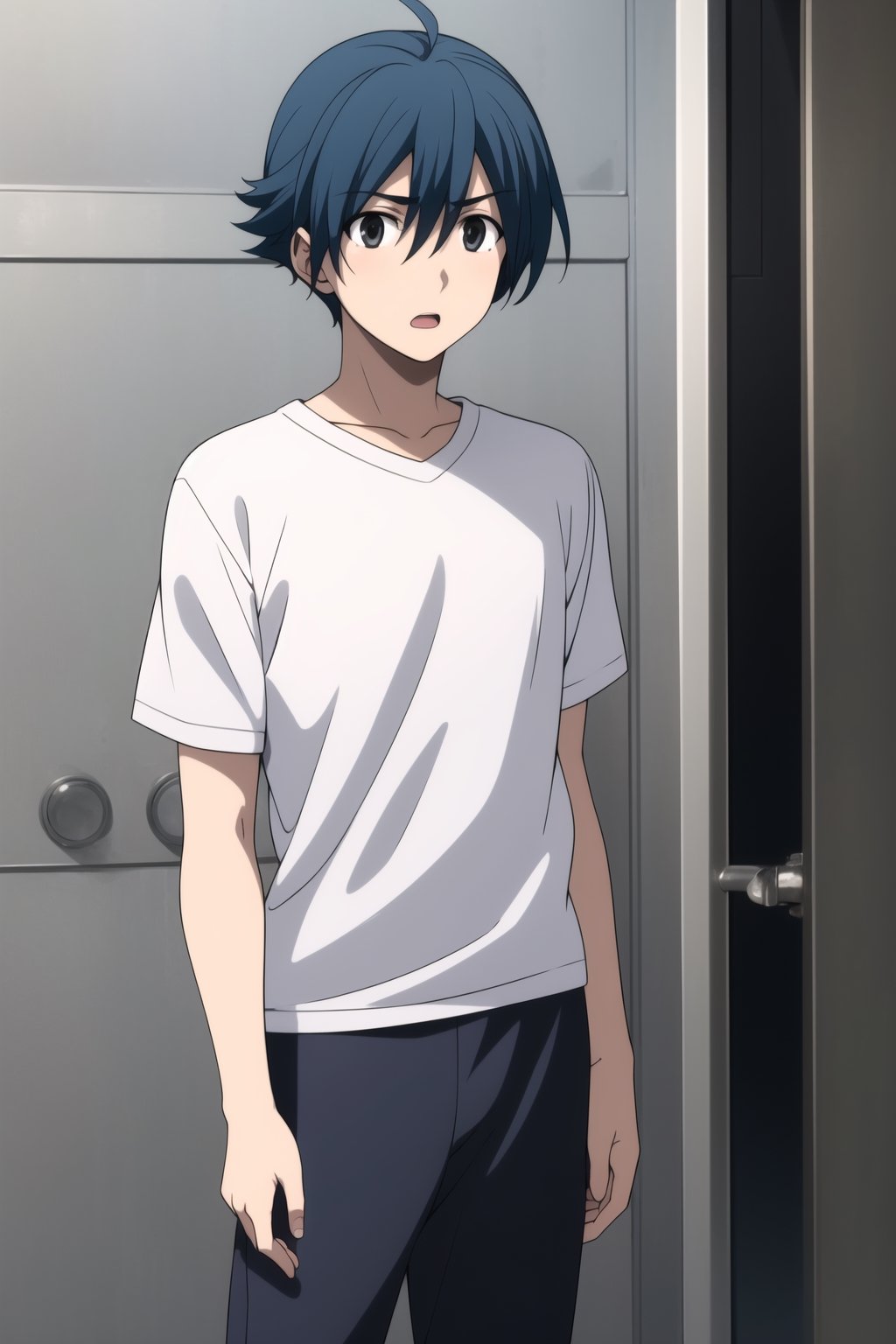 Highly detailed, High Quality, Masterpiece, beautiful,
BREAK 1boy, solo, (young man), (16 old), makoto itou, (blue hair:1.8), (black eyes), (short hair), male focus, serious look,
BREAK (sportswear:1.5),
BREAK looking_at_viewer :o, open_mouth, schooldays, focus waist,