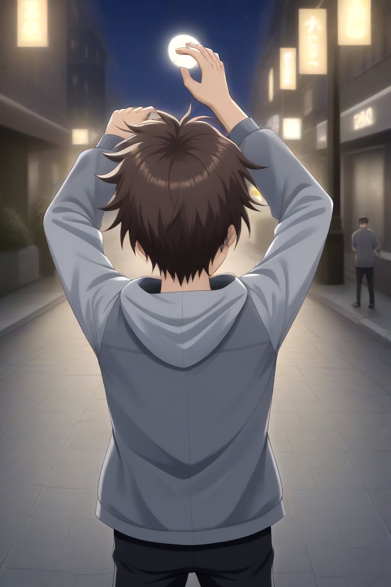 HD, 8k, highres, mantialiasing, Highly detailed, High Quality, masterpiece, beautiful, source_anime, 
BREAK 1boy, solo, (young man, male focus, 16 years old), Yae Karonji, male chest, ((facelees)), Brown hair, short hair, 
BREAK street, outdoors, night, moon, 
BREAK long sleeves, jacket, pants, hood, grey jacket, black pants, 
BREAK standing, dutch angle, one arm on the waist, cowboy shot, Upper body, back view, head up, From behind, looking at the viewer, 