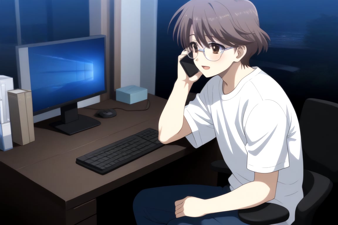 HD, 8k, highres, mantialiasing, Highly detailed, High Quality, masterpiece, beautiful, source_anime, 
BREAK inside the bedroom, desktop computer, table, curtain, Windows, night, dark environment, moon,
BREAK  1boy, solo, male focus, 16 years old, yuuki ashikaga, brown hair, brown eyes, short hair, glasses,
BREAK pants, white T-shirt,
BREAK looking SIDE, sitting on the chair, solo focus, From SIDE, nervous face, ((talking on phone )), boy looking at his computer,