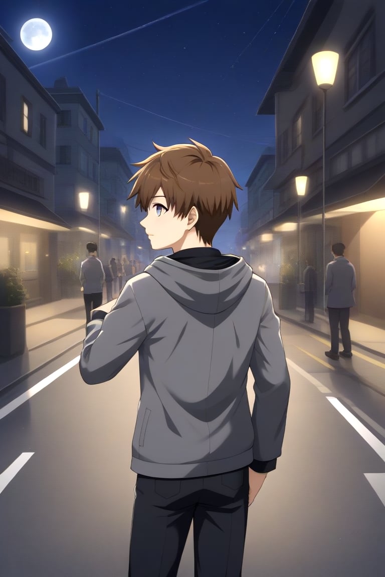 HD, 8k, highres, mantialiasing, Highly detailed, High Quality, masterpiece, beautiful, source_anime, 
BREAK 1boy, solo, (young man, male focus, 16 years old), Yae Karonji, male chest, grey eyes, Brown hair, short hair, shirt, 
BREAK street, outdoors, night, moon, 
BREAK long sleeves, jacket, pants, hood, grey jacket, black pants, 
BREAK standing, dutch angle, one arm on the waist, cowboy shot, Upper body, back view, head up, From behind, looking back,