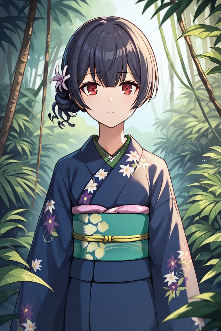 score_9, score_8_up, score_7_up, score_6_up, score_5_up, score_4_up, BREAK source_anime, 1girl, morino rinze, looking at viewer, single hair bun, hair flower, red eyes, blue kimono, floral print, long sleeves, outside, jungle, leaves