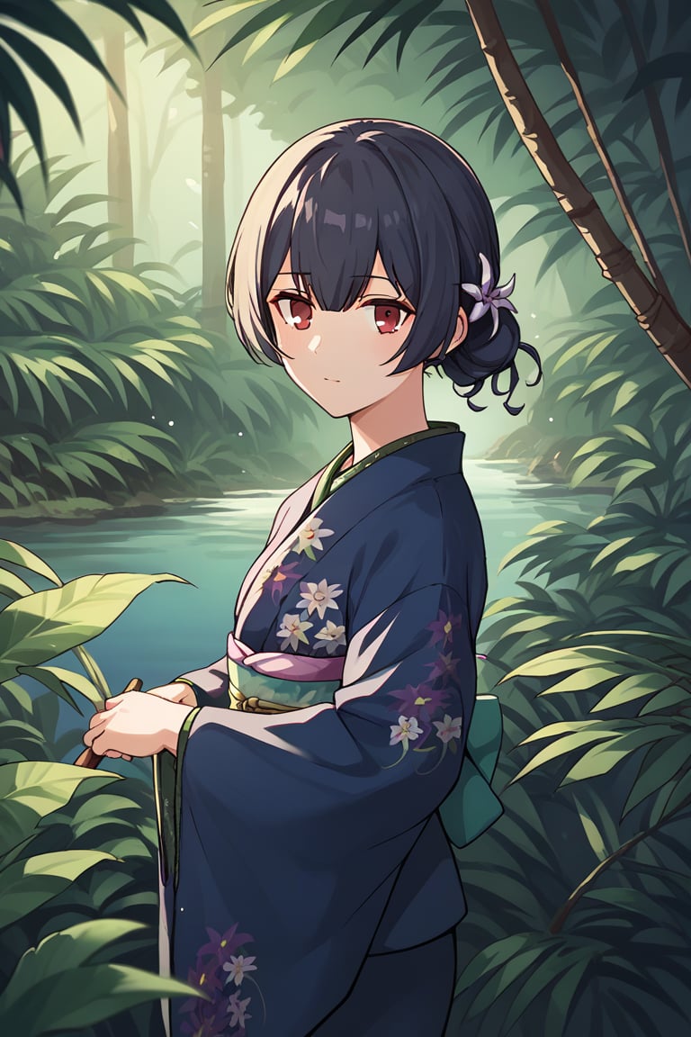 score_9, score_8_up, score_7_up, score_6_up, score_5_up, score_4_up, BREAK source_anime, 1girl, morino rinze, looking at viewer, single hair bun, hair flower, red eyes, blue kimono, floral print, long sleeves, outside, jungle, leaves