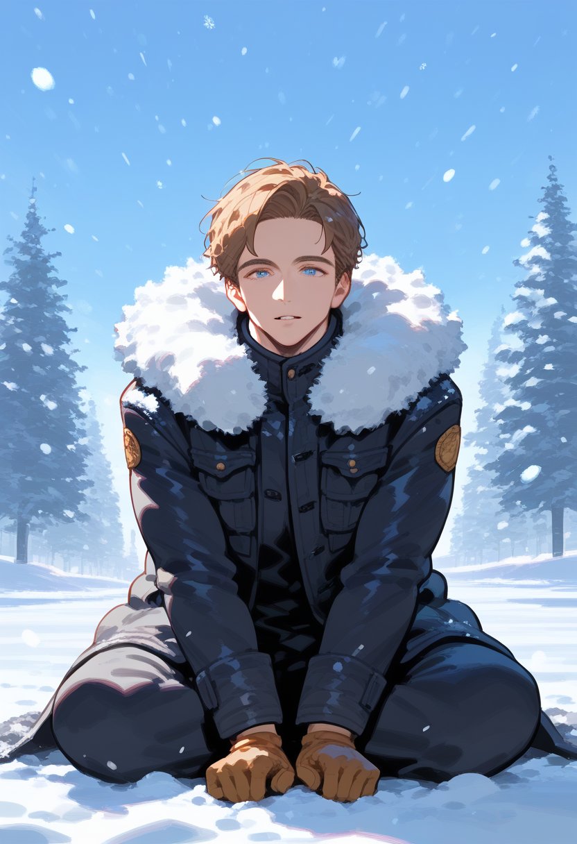 1boy, mature male, coat, fur trim, gloves, jacket, jewelry, long sleeves, looking at viewer, on ground, parted lips, pocket, sitting, wariza, sketch, snow, snowing, solo, v arms, winter, best quality, amazing quality, very aesthetic, absurdres, hires, beautiful face, perfect eyes, depth of field, score_9, score_8, score_7