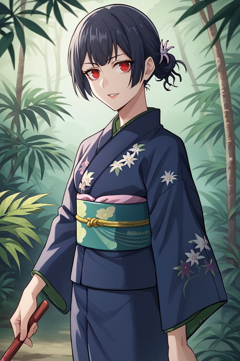 score_9, score_8_up, score_7_up, score_6_up, score_5_up, score_4_up, BREAK source_anime, 1girl, morino rinze, looking at viewer, single hair bun, hair flower, red eyes, blue kimono, floral print, long sleeves, outside, jungle, leaves,Jujutsu Kaisen Season 2 Anime Style