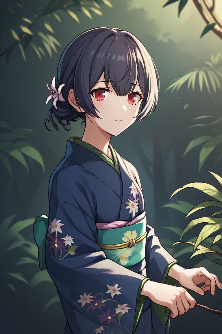 score_9, score_8_up, score_7_up, score_6_up, score_5_up, score_4_up, BREAK source_anime, 1girl, morino rinze, looking at viewer, single hair bun, hair flower, red eyes, blue kimono, floral print, long sleeves, outside, jungle, leaves