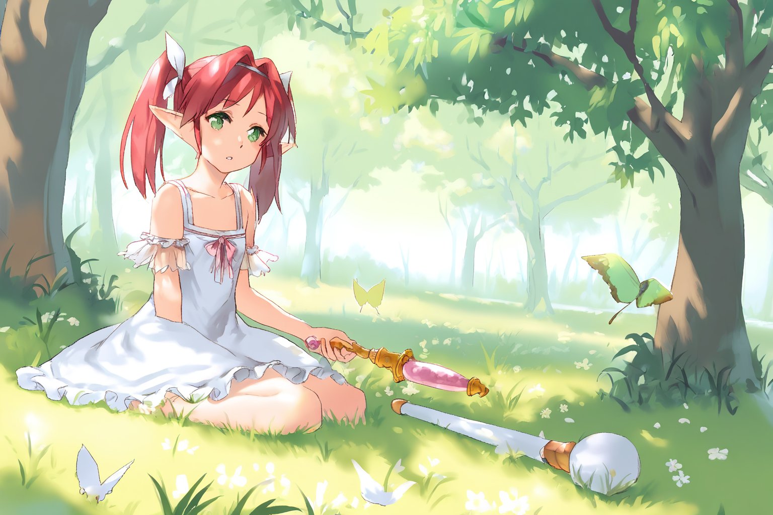 by makoto shinkai, 1 sakura kinomoto, elf, cowboy shot, watercolor, fantasy theme, in the forest, at day, gradient background, sitting on ground, expressionless, white hair, twintails, green eyes, parted lip, wearing a white dress, frills, holding a magic wand, grass, sunshine, beautiful color, detailed, best quality, birds, cloud, butterfly

