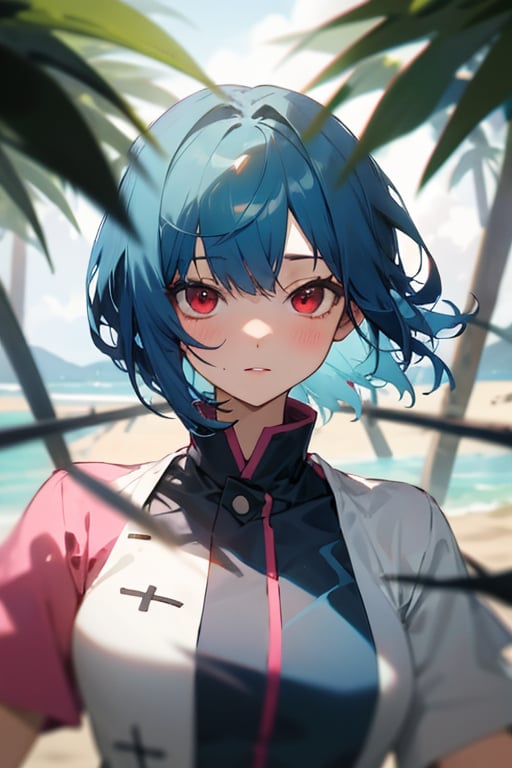 (masterpiece, best quality, ultra detailed), 1girl, short hair, blue hair, red eyes, BREAK pink shirt, short sleeves, upper body, BREAK outside, sand, sea