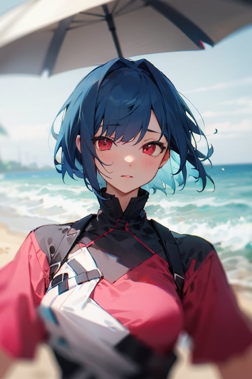 (masterpiece, best quality), 1girl, short hair, blue hair, red eyes, BREAK pink shirt, short sleeves, upper body, BREAK outside, sand, sea