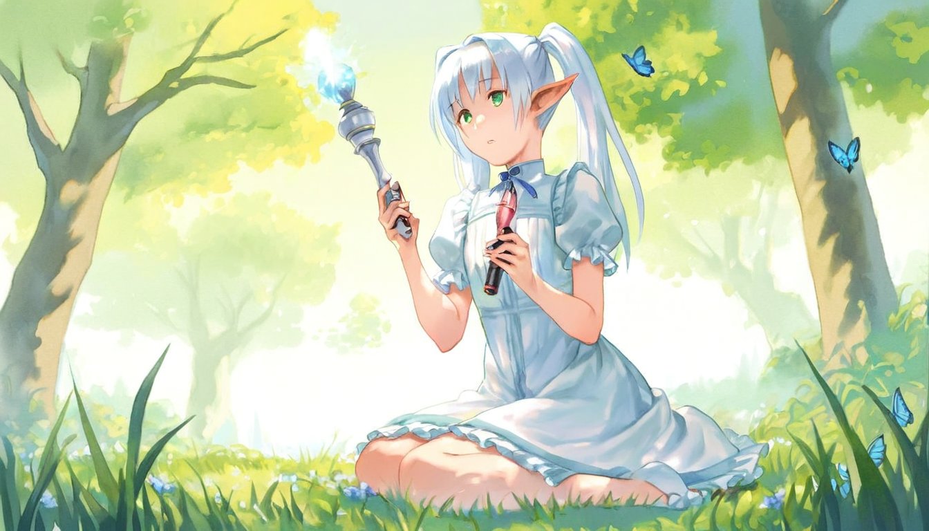 by makoto shinkai, 1 sakura kinomoto, elf, cowboy shot, watercolor, fantasy theme, in the forest, at day, gradient background, sitting on ground, expressionless, white hair, twintails, green eyes, parted lip, wearing a white dress, frills, holding a magic wand, grass, sunshine, beautiful color, detailed, best quality, birds, cloud, butterfly

