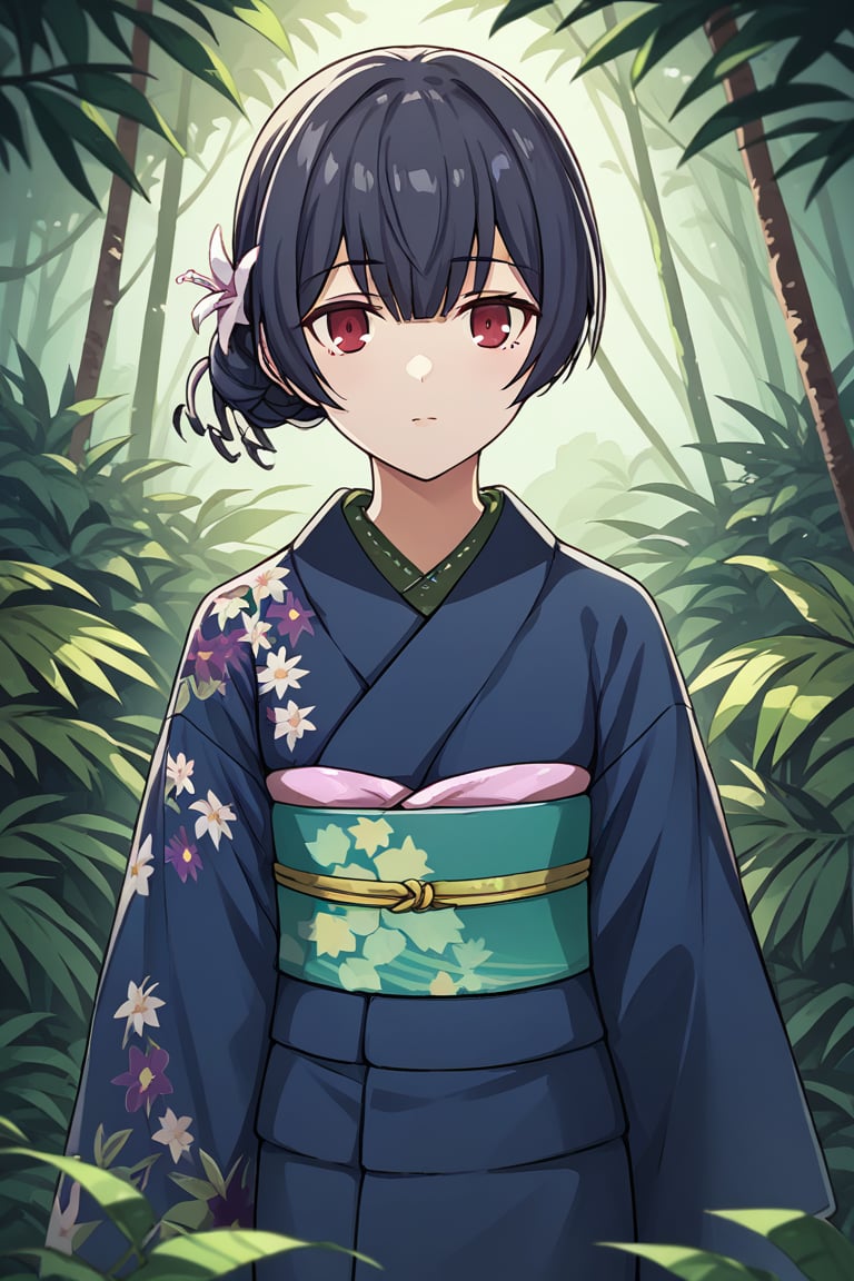 score_9, score_8_up, score_7_up, score_6_up, score_5_up, score_4_up, BREAK source_anime, 1girl, morino rinze, looking at viewer, single hair bun, hair flower, red eyes, blue kimono, floral print, long sleeves, outside, jungle, leaves