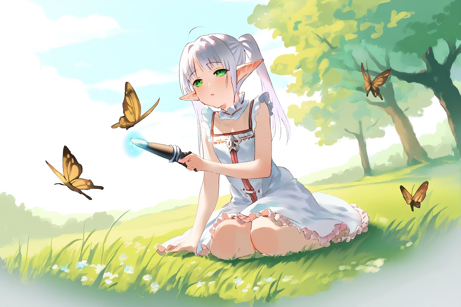 by makoto shinkai, 1 sakura kinomoto, elf, cowboy shot, watercolor, fantasy theme, in the forest, at day, gradient background, sitting on ground, expressionless, white hair, twintails, green eyes, parted lip, wearing a white dress, frills, holding a magic wand, grass, sunshine, beautiful color, detailed, best quality, birds, cloud, butterfly

