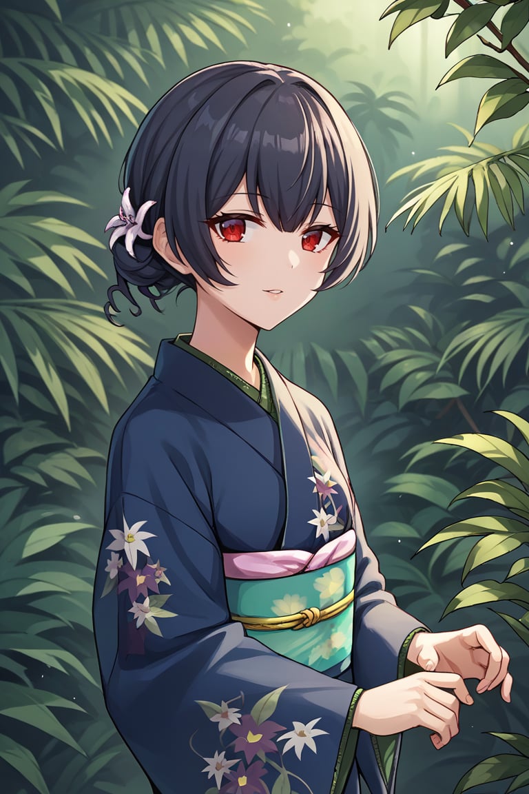 score_9, score_8_up, score_7_up, score_6_up, score_5_up, score_4_up, BREAK source_anime, 1girl, morino rinze, looking at viewer, single hair bun, hair flower, red eyes, blue kimono, floral print, long sleeves, outside, jungle, leaves