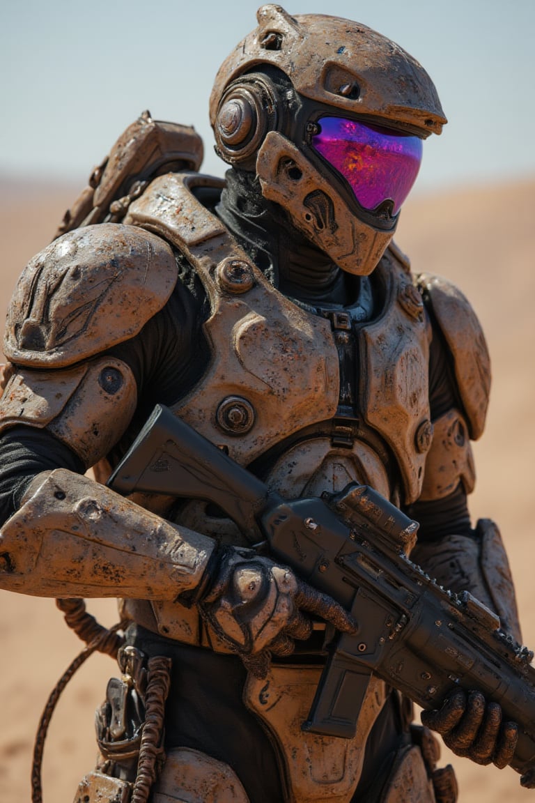 Ultra High quality image of an soldier in futuristic armor, he holds in his arms a futuristic firearm, desert camouflage armor, purple visor, desert background, full body, perfect image for Mobile wallpaper, 16K, UHD, ((masterpiece)), ((best quality)), full image size, ((greatest of all time))