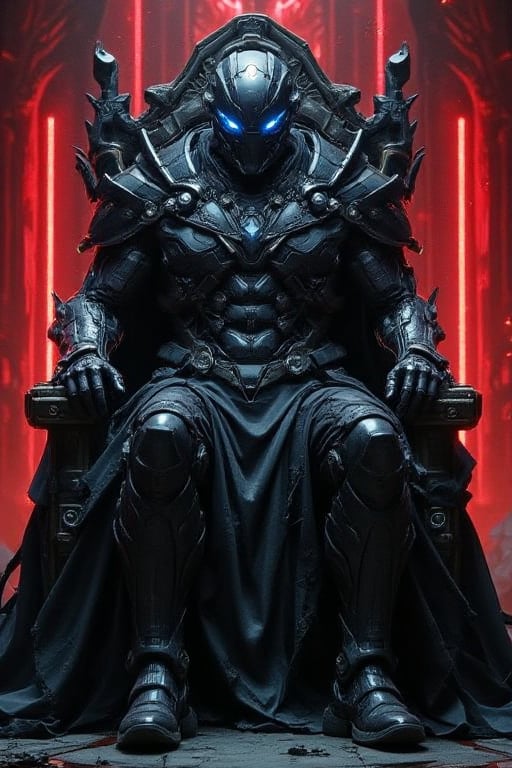 A dark, dystopian throne room is bathed in a warm, crimson glow from the flickering candles and holographic screens. A great, imposing figure sits upon a throne, their dark, metallic armor glistening in the dim light. Their face, obscured by a helmet with glowing blue visors, appears regal and powerful as they grasp the armrests of the throne.