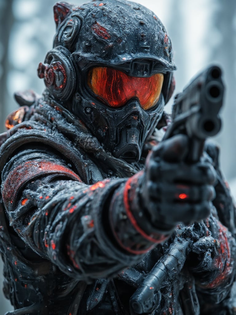 soldier in futuristic black armor, he holds in his arms a futuristic one hand pistol, snow camouflage armor, red and black armband, red visor, waeming system on armor, cold and frost background, full body, perfect image for Mobile wallpaper, 16K, UHD, ((masterpiece)), ((best quality)), full image size, ((greatest of all time))