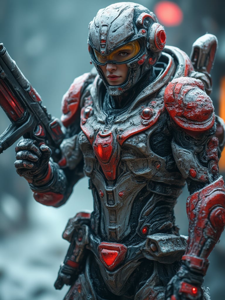 soldier in futuristic armor, he holds in his arms a futuristic pistol, snow camouflage armor, red and black armband, red visor, waeming system on armor, cold and frost background, full body, perfect image for Mobile wallpaper, 16K, UHD, ((masterpiece)), ((best quality)), full image size, ((greatest of all time))