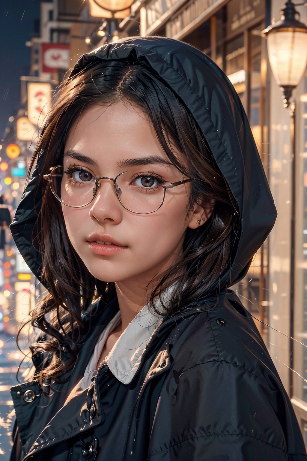 A girl with glasses, no makeup, long brunette hair, brown eyes, perfect eyes, 30 years old, detailed beautiful and mysterious face, cheek mole, wearing long dark brown classic old Raincoat, veil BREAK. Walking Carefully BREAK. In 1960s, on the street of old city at rainy night BREAK. Background blurred running peoples are avoiding rain BREAK. Minimung lighting of streets lamps BREAK long distance shot, full body shot BREAK, chalm, highly realistic, super detailed subject, perfectly, proportional, UHD, 8k Resolution, artistic, masterpiece, gloomy, RAW, depth of field BREAK