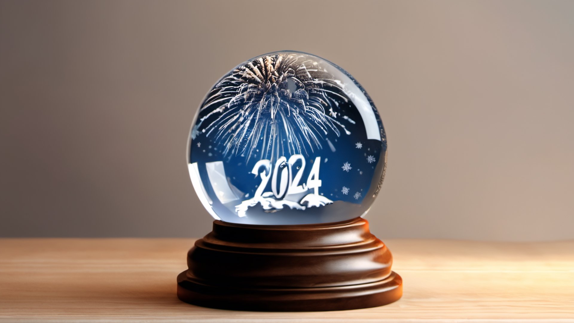 New Year fireworks in a crystal ball sitting on a wood base engraved with "2024", snowflakes outside the ball, extremely detailed, extremely realistic, real, real