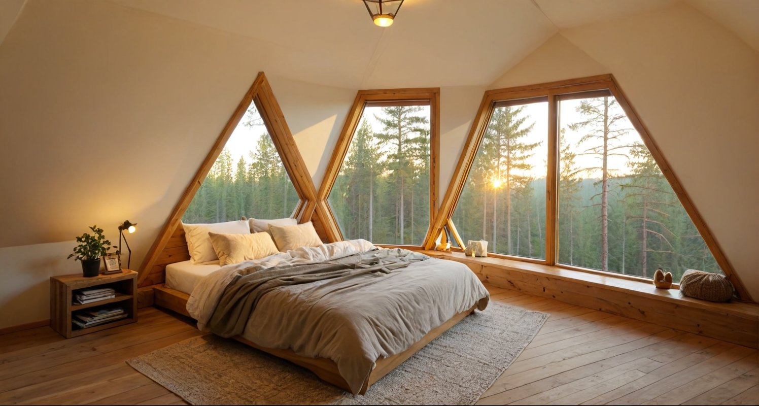 A cozy bedroom with soft, ambient lighting, featuring a unique triangle-shaped window overlooking a serene forest. The window lets in a warm, golden glow as the sun sets, casting intricate shadows on the wooden floor. The bed is adorned with plush, textured blankets and pillows, with a rustic wooden headboard. Soft, flowing curtains frame the triangle window, and a small plant sits on the windowsill, adding a touch of greenery. The room has a warm, earthy color palette, with detailed textures, high-quality rendering, 8k,360 View, 360