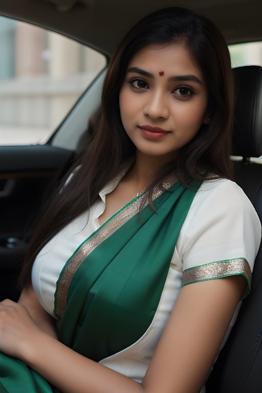  indian girl , silk saree in the car,