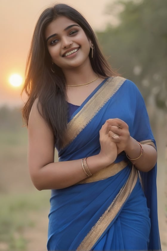 lovely smily face under 21 year old indian girl with blue sari, farfact nose, farfact eye and hand lage zoom in poses like model face on cemra, right hand under face sunset on her face she is wallking on indian village leg on real lenth 