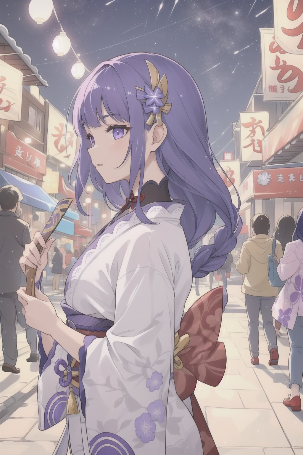 raiden shogun,  on the street well dressed,  new year decorations by user_677529609452999385 on Tensor.Art