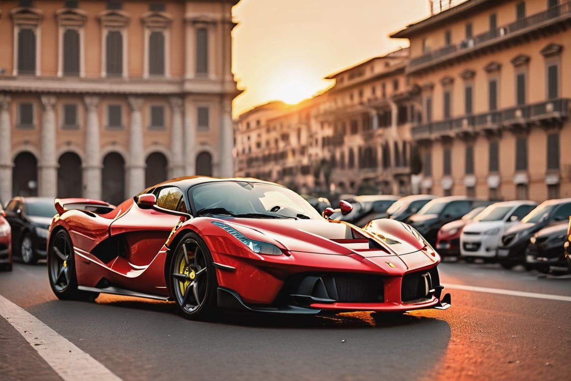 photo of a Ferrari LaFerrari in Rome, sunrise, shot on a Sony Mirrorless camera, DSLR, 85mm lens f/4, ultra detailed, 8k