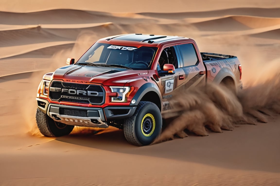 photo of a Ford F-150 Raptor racing in a sand dune, sunset, motion, shot on a Sony mirrorless camera, DSLR, 85mm lens f/8, ultra detailed, 8k